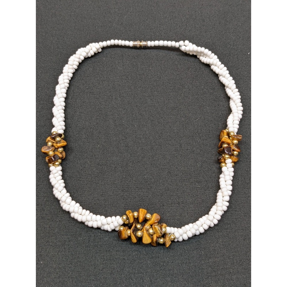 Vintage Tigers Eye Bead Twisted Necklace White Milk Glass Gold Tone ~18"